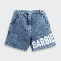 Barbie Blue Denim Logo Shorts For Girls | Trendy Summer Casual Wear | Kids | Tiny Girl India