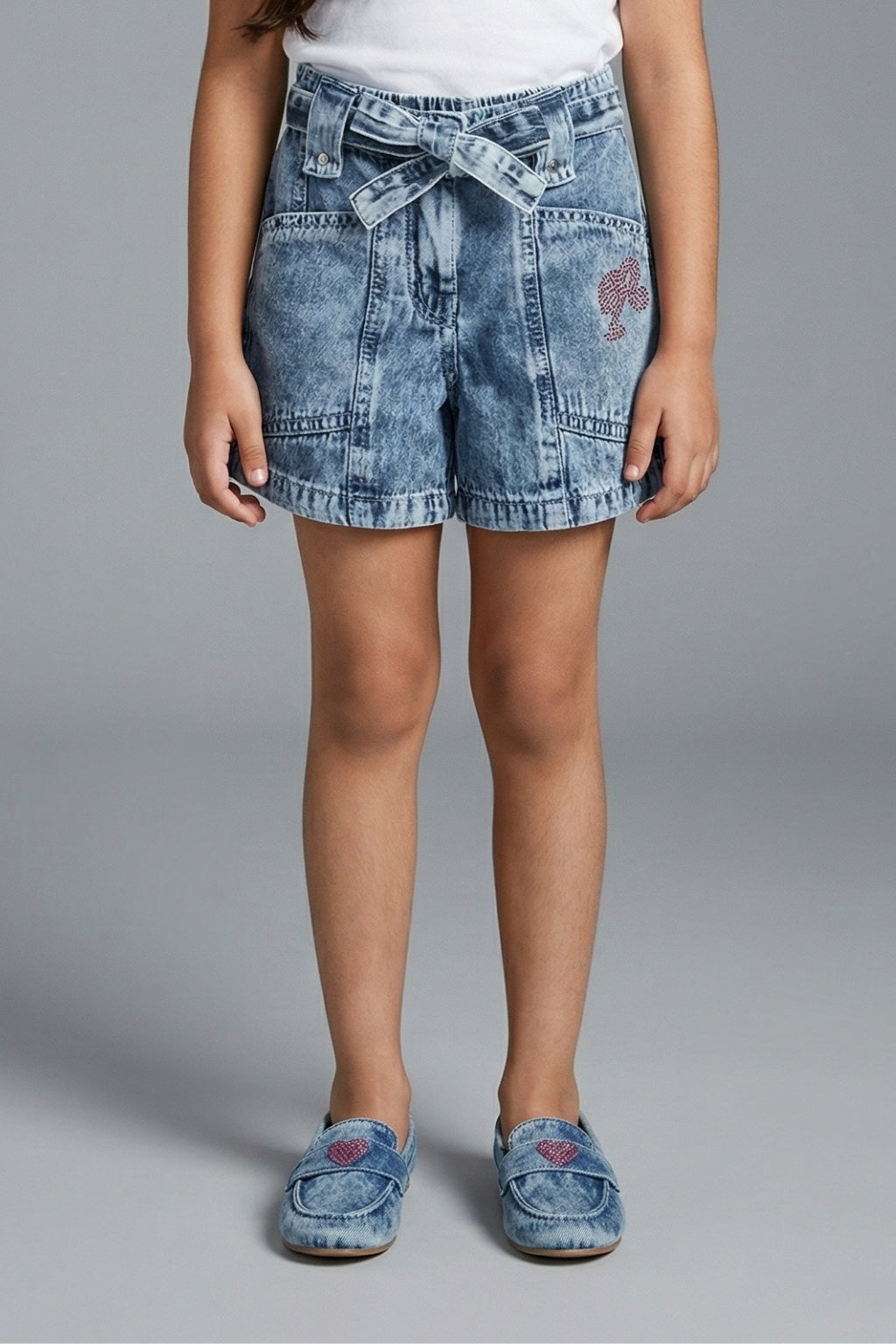 Barbie Stone Wash Denim Bow Belt Shorts BAH619