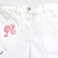 Barbie White Cotton Shorts For Girls | Stylish Summer Casual Wear With Logo Patch | Kids | Tiny Girl India