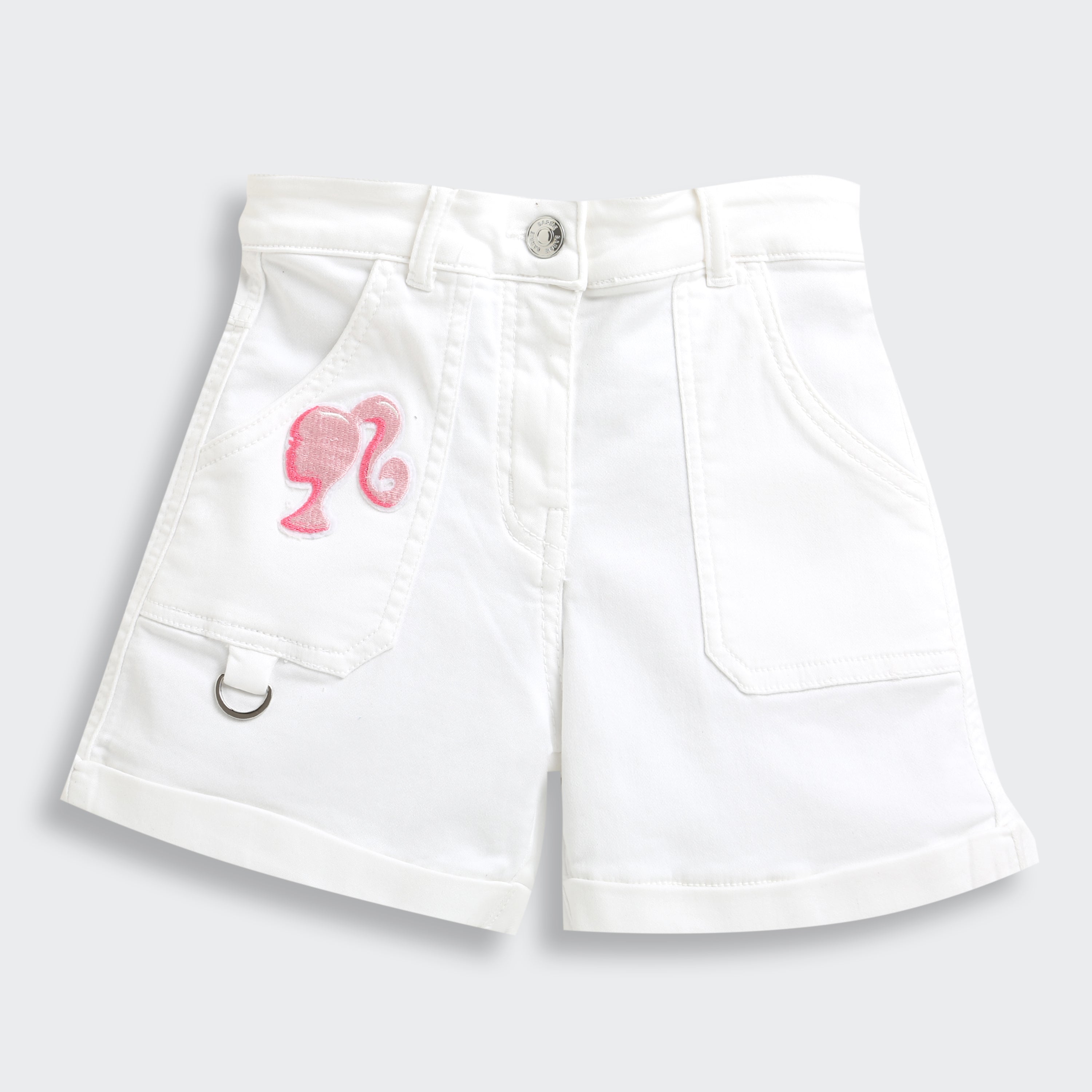 Barbie White Cotton Shorts For Girls | Stylish Summer Casual Wear With Logo Patch | Kids | Tiny Girl India