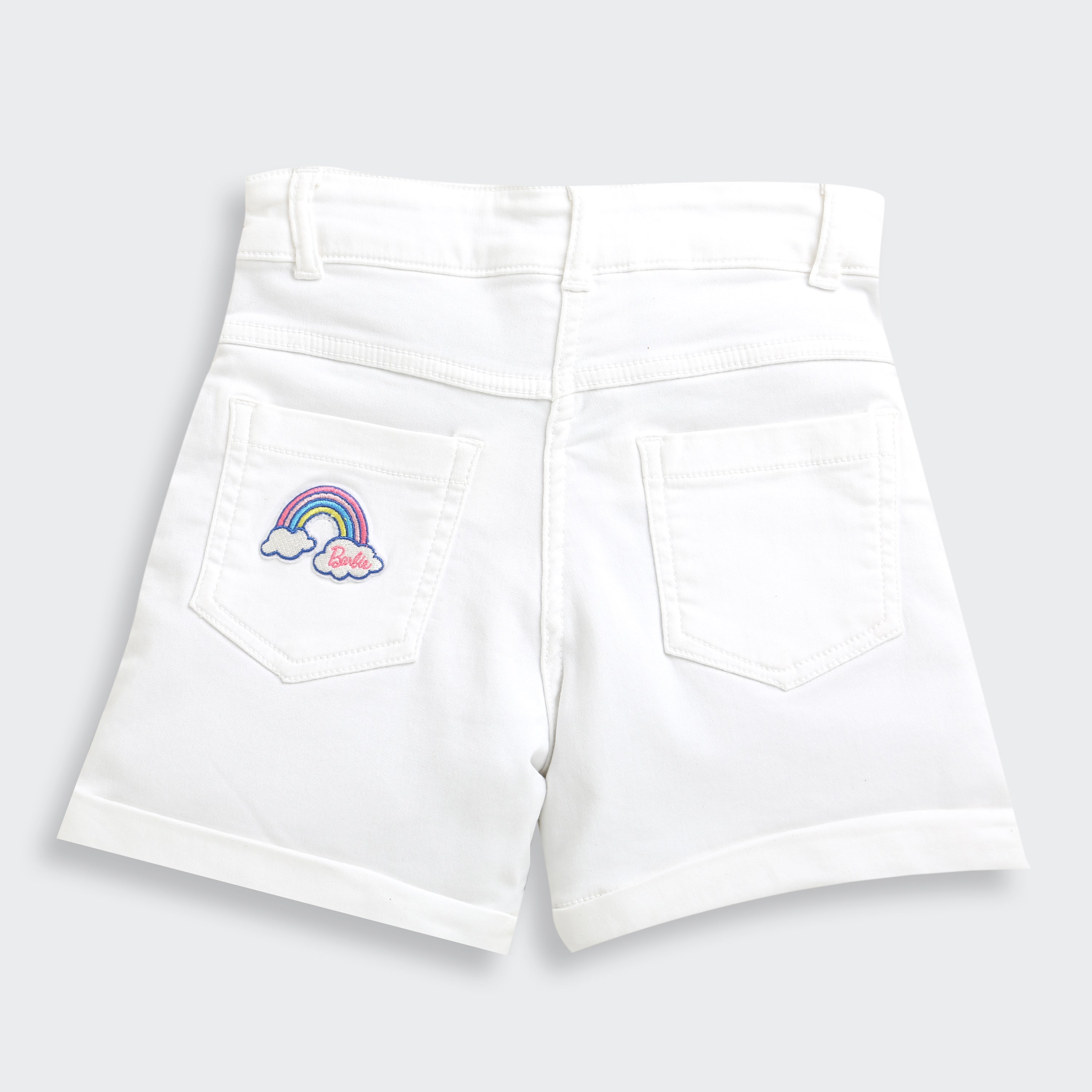 Barbie White Cotton Shorts For Girls | Stylish Summer Casual Wear With Logo Patch | Kids | Tiny Girl India