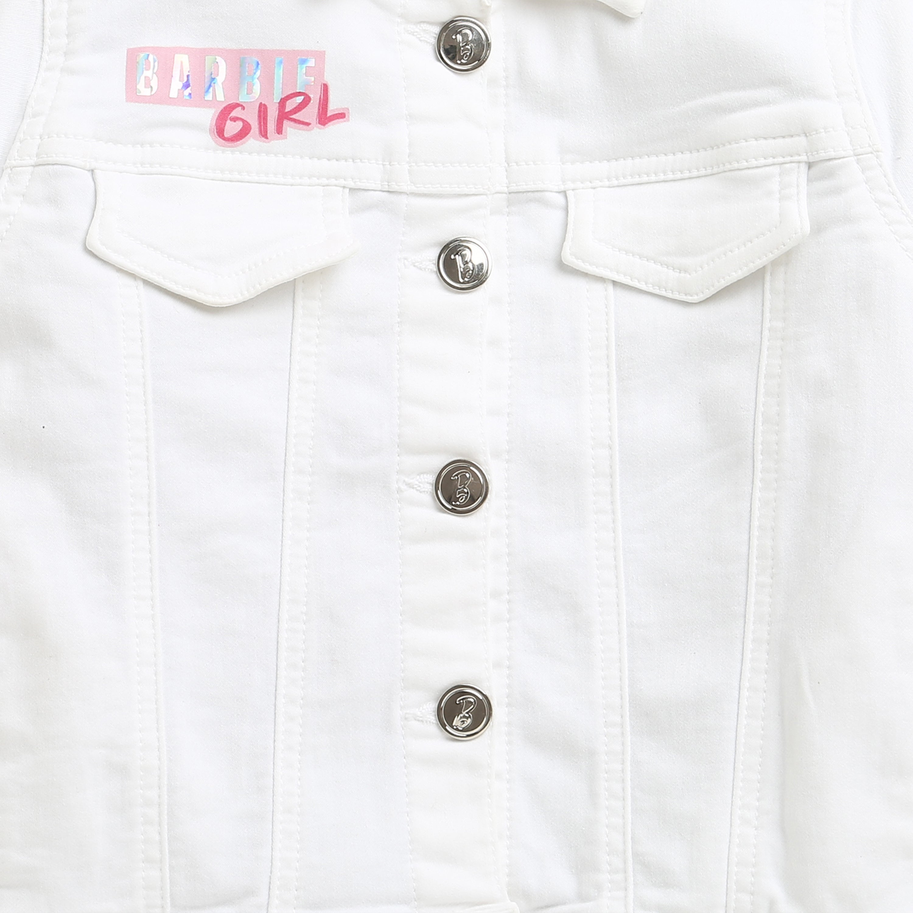 Barbie White Denim Jacket For Girls | Stylish Layering Casual Outerwear | Kids | Tiny Girl India