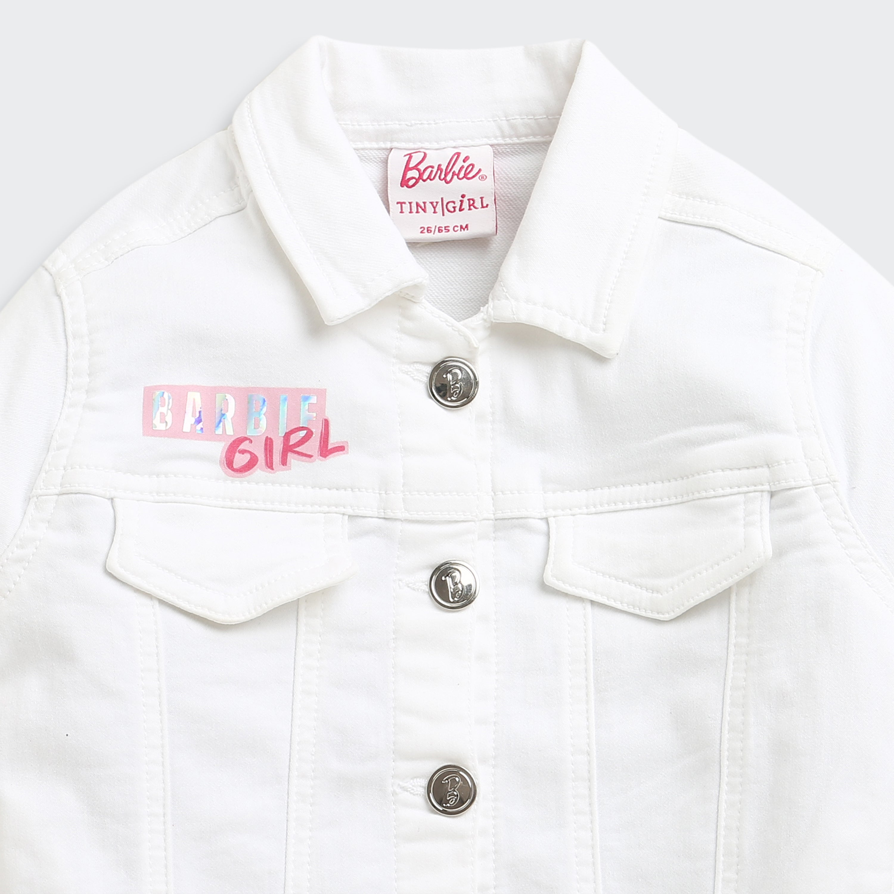 Barbie White Denim Jacket For Girls | Stylish Layering Casual Outerwear | Kids | Tiny Girl India