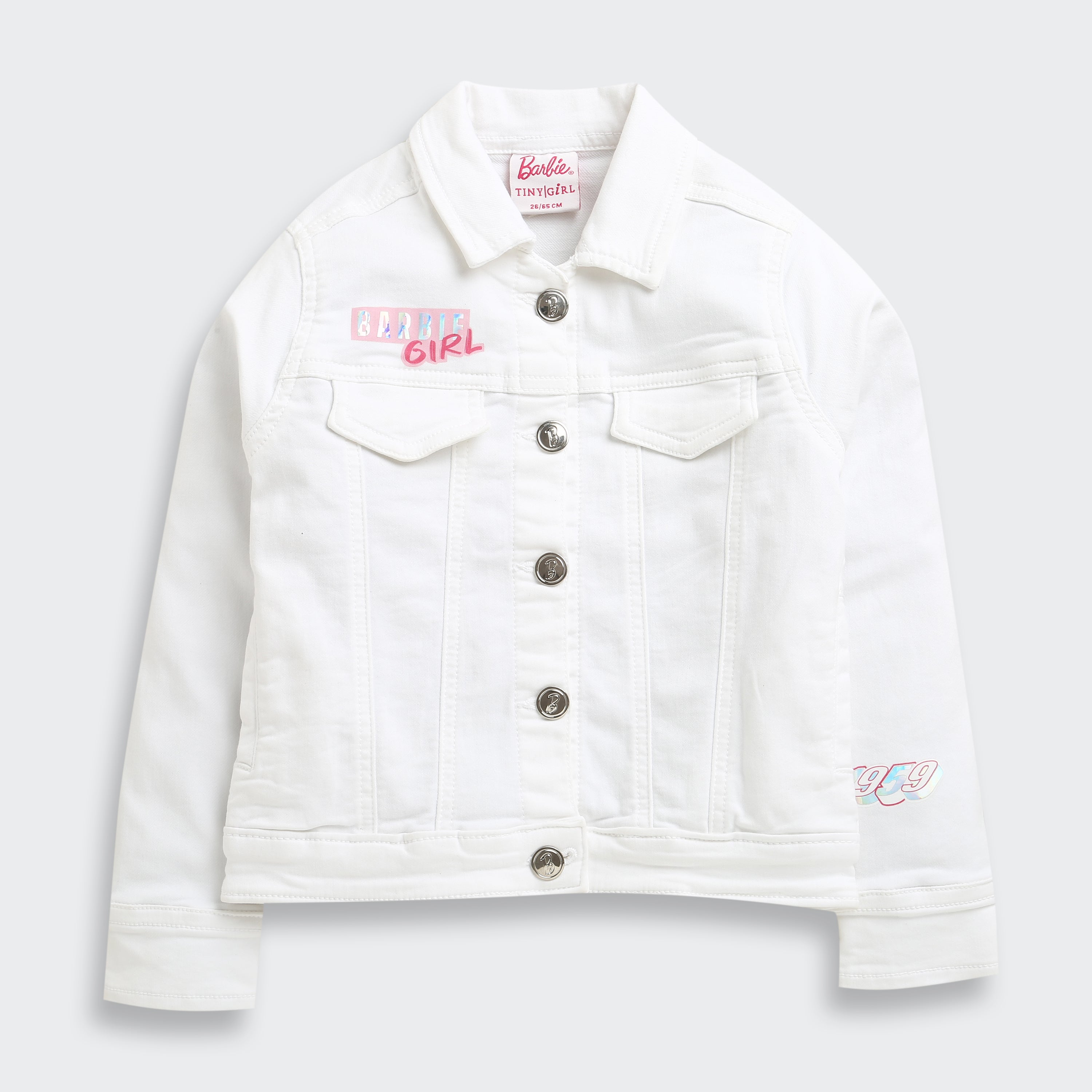 Barbie White Denim Jacket For Girls | Stylish Layering Casual Outerwear | Kids | Tiny Girl India