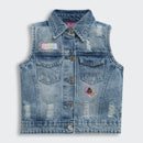 Barbie Blue Denim Sleeveless Jacket For Girls | Distressed Casual Layering Vest | Kids | Tiny Girl India