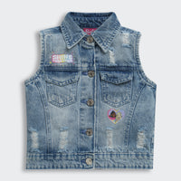 Barbie Blue Denim Sleeveless Jacket For Girls | Distressed Casual Layering Vest | Kids | Tiny Girl India