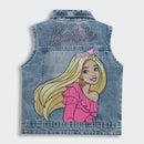 Barbie Blue Denim Sleeveless Jacket For Girls | Distressed Casual Layering Vest | Kids | Tiny Girl India