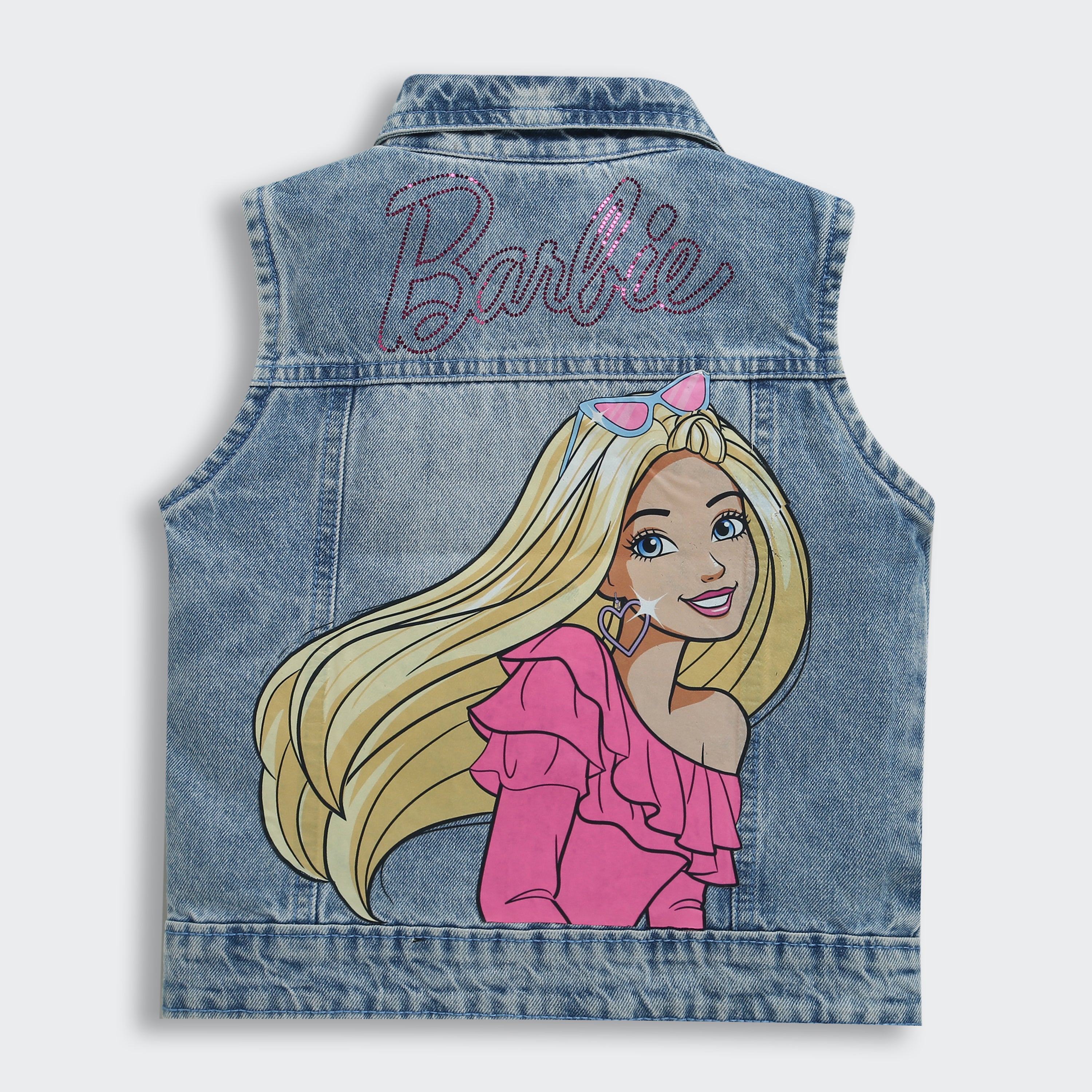 Barbie Blue Denim Sleeveless Jacket For Girls | Distressed Casual Layering Vest | Kids | Tiny Girl India