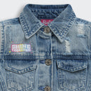 Barbie Blue Denim Sleeveless Jacket For Girls | Distressed Casual Layering Vest | Kids | Tiny Girl India