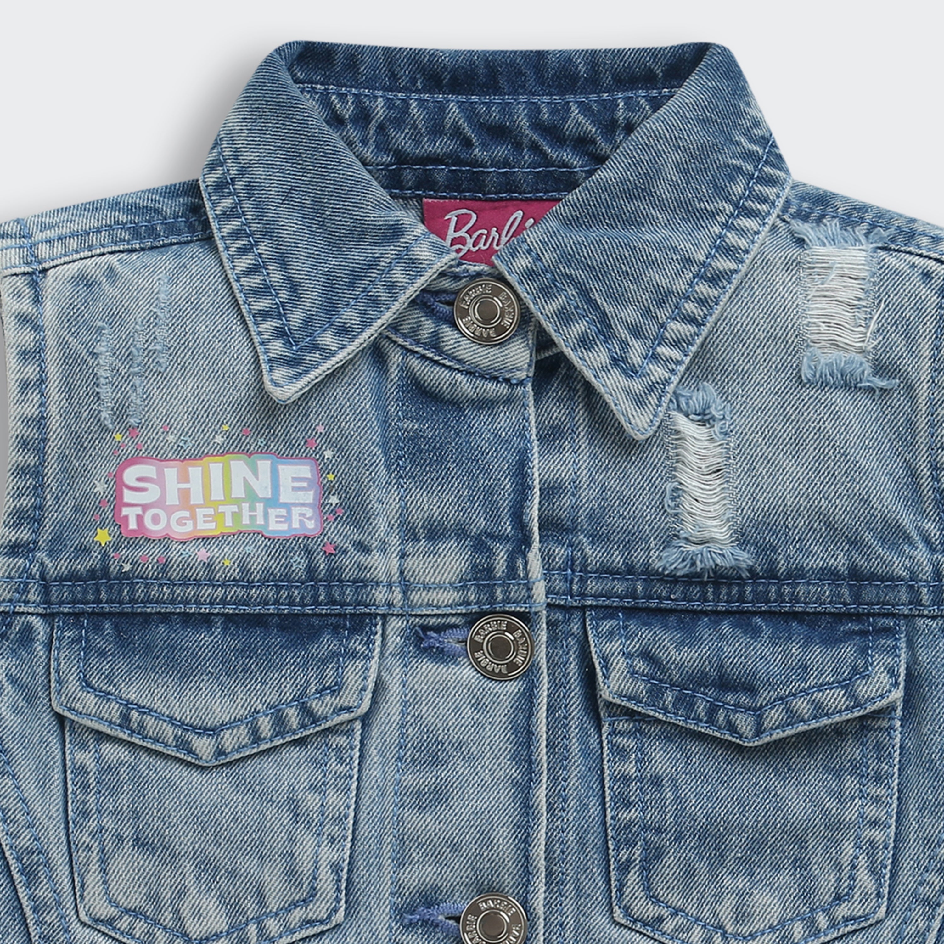 Barbie Blue Denim Sleeveless Jacket For Girls | Distressed Casual Layering Vest | Kids | Tiny Girl India