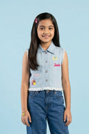 Barbie Light Blue Sleeveless Denim Jacket with Patches BAJ2034