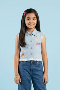 Barbie Light Blue Sleeveless Denim Jacket with Patches BAJ2034