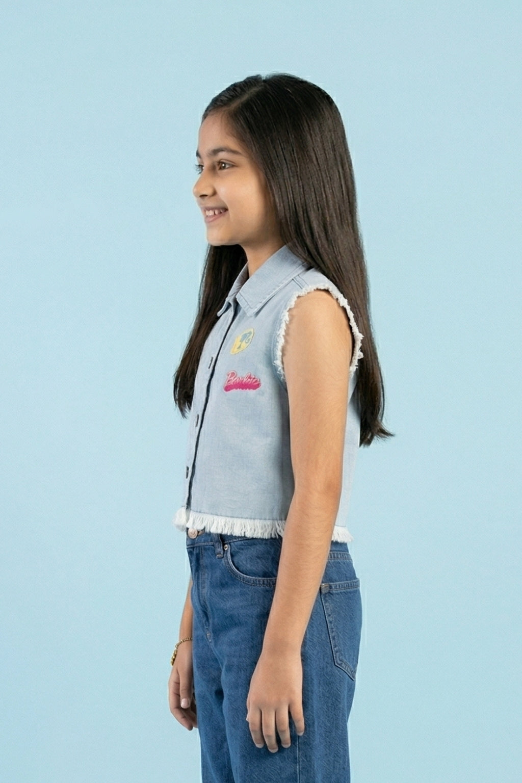 Barbie Light Blue Sleeveless Denim Jacket with Patches BAJ2034