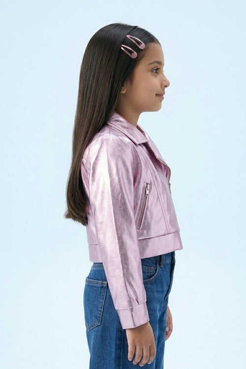 Barbie Metallic Pink Faux Leather Jacket BAJ2044