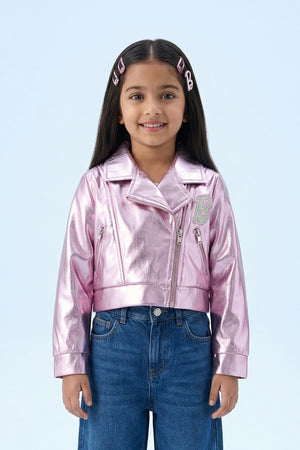 Barbie Metallic Pink Faux Leather Jacket BAJ2044