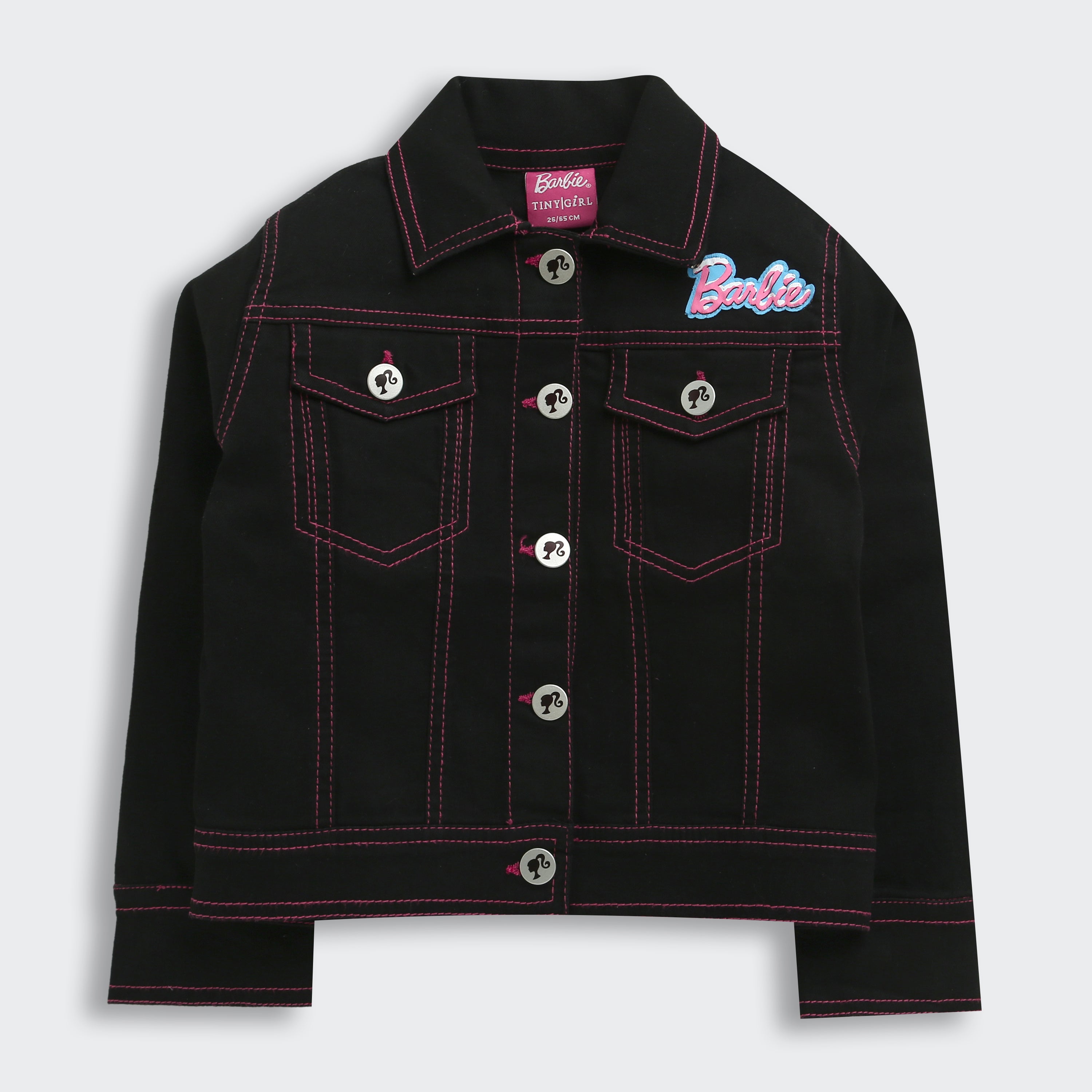 Barbie Black Denim Jacket With Pink Stitching For Girls | Stylish Winter Casual Wear | Kids | Tiny Girl India