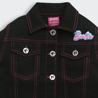 Barbie Black Denim Jacket With Pink Stitching For Girls | Stylish Winter Casual Wear | Kids | Tiny Girl India