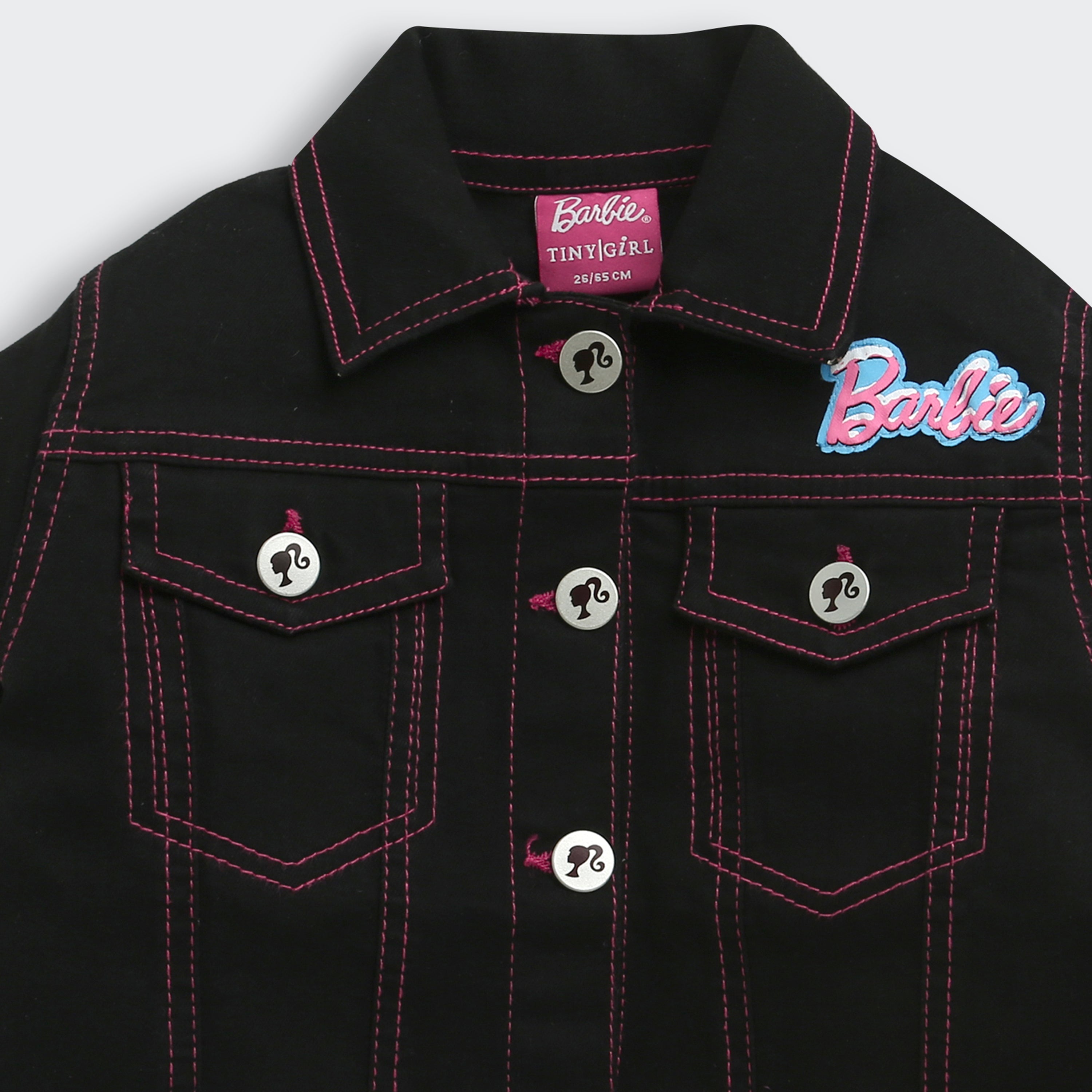 Barbie Black Denim Jacket With Pink Stitching For Girls | Stylish Winter Casual Wear | Kids | Tiny Girl India