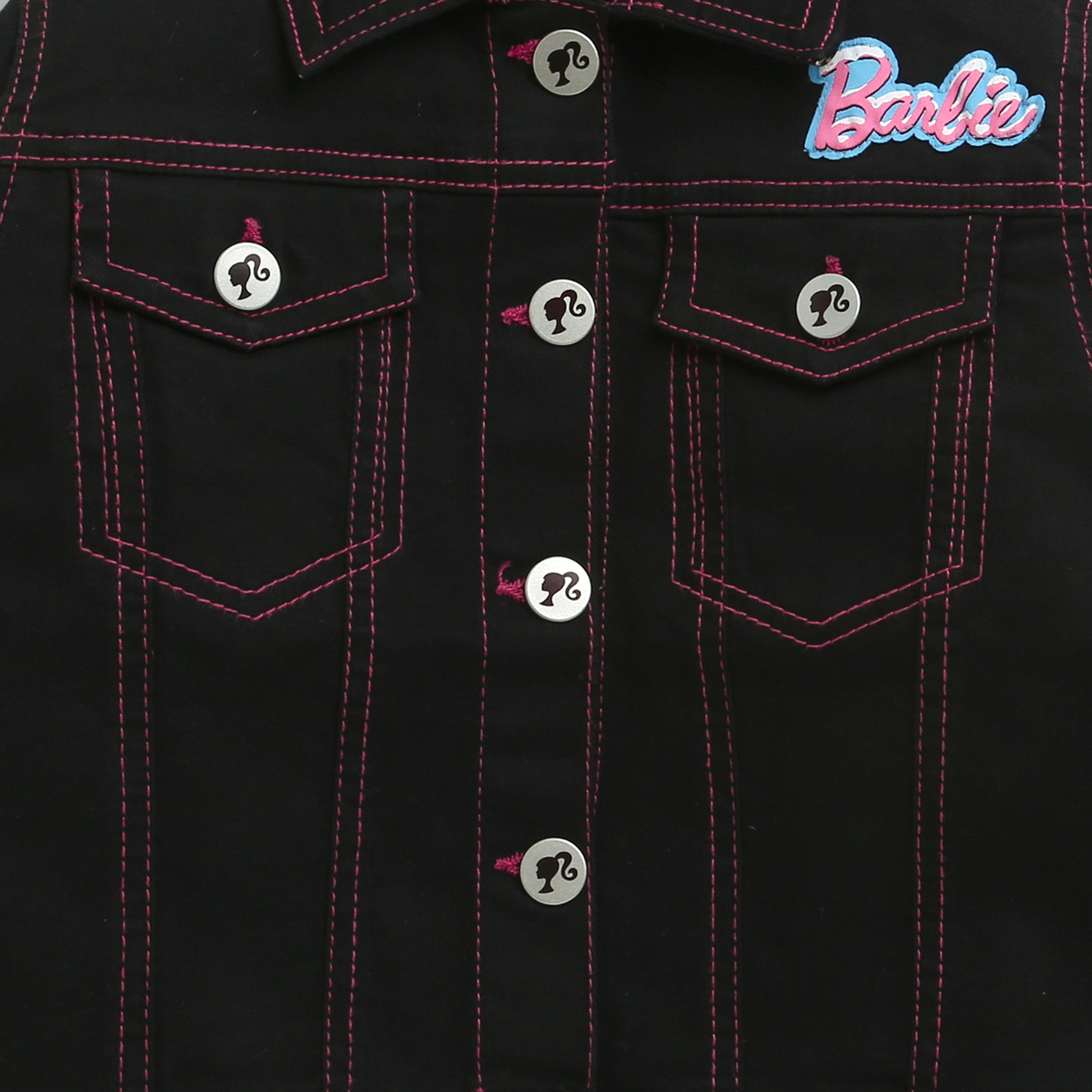 Barbie Black Denim Jacket With Pink Stitching For Girls | Stylish Winter Casual Wear | Kids | Tiny Girl India