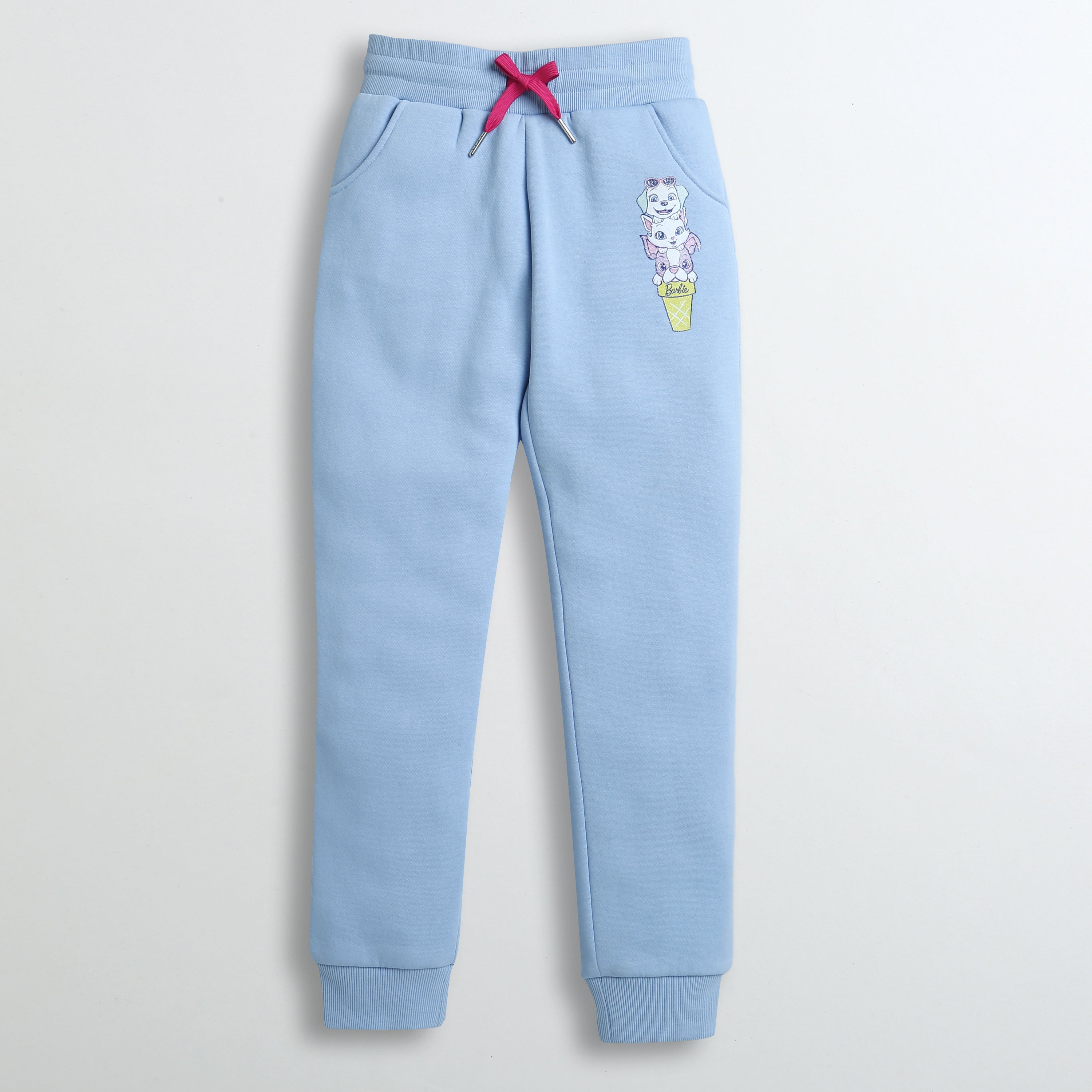 Barbie Sky Blue Fleece Jogger Pants For Girls | Soft Winter Track Bottoms | Kids | Tiny Girl India