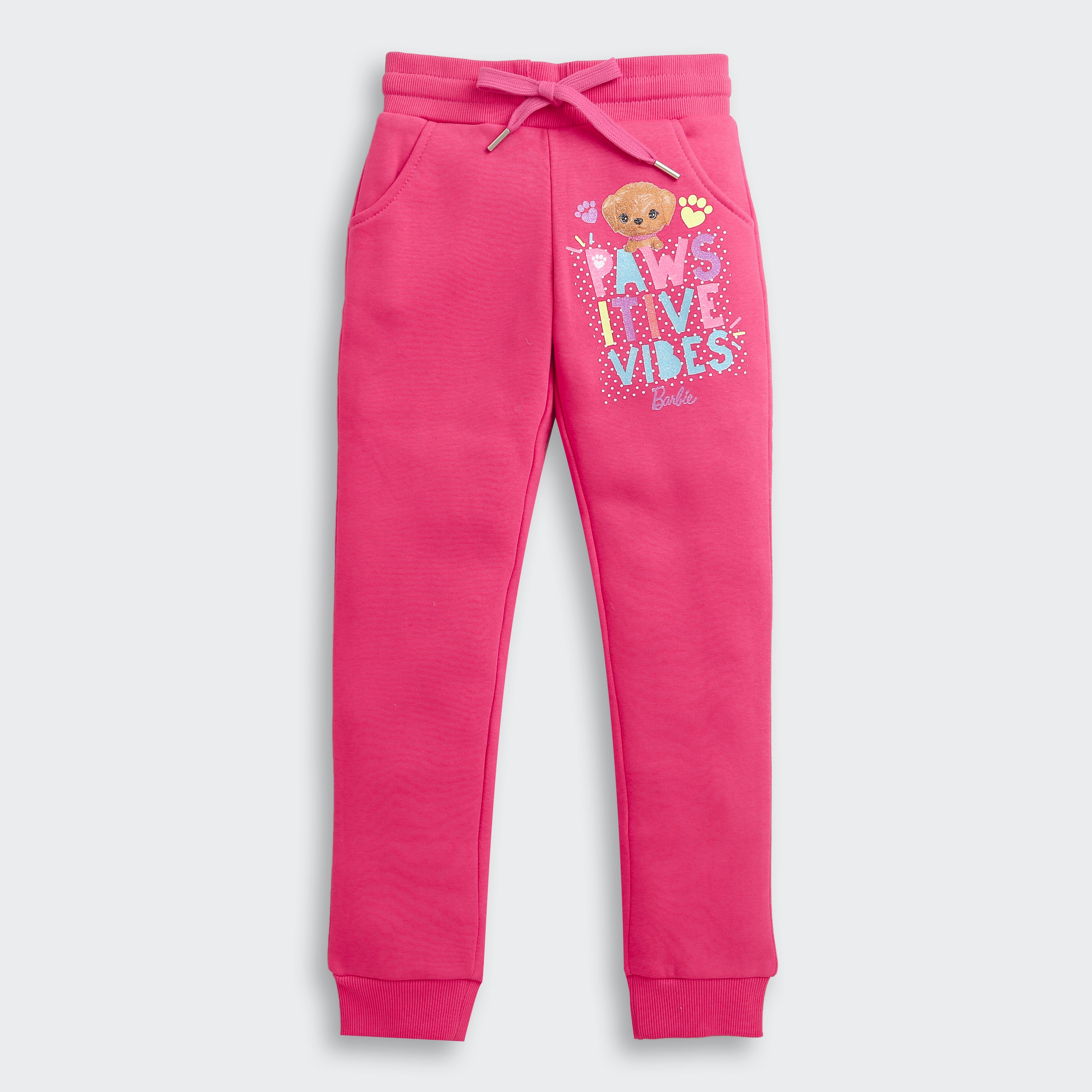 Barbie Hot Pink Fleece Jogger Pants For Girls | “Pawsitive Vibes” Graphic Winter Bottoms | Kids | Tiny Girl India