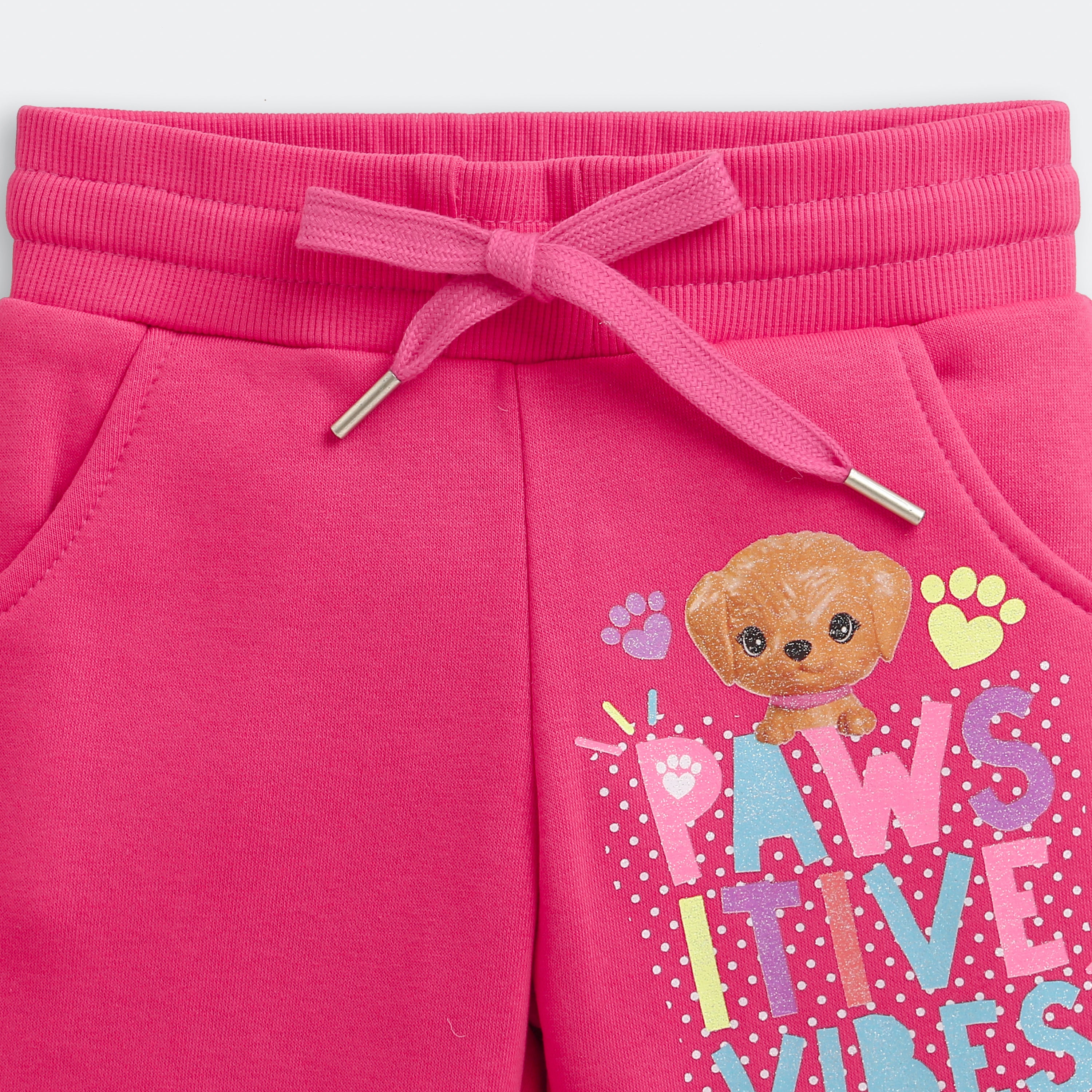 Barbie Hot Pink Fleece Jogger Pants For Girls | “Pawsitive Vibes” Graphic Winter Bottoms | Kids | Tiny Girl India