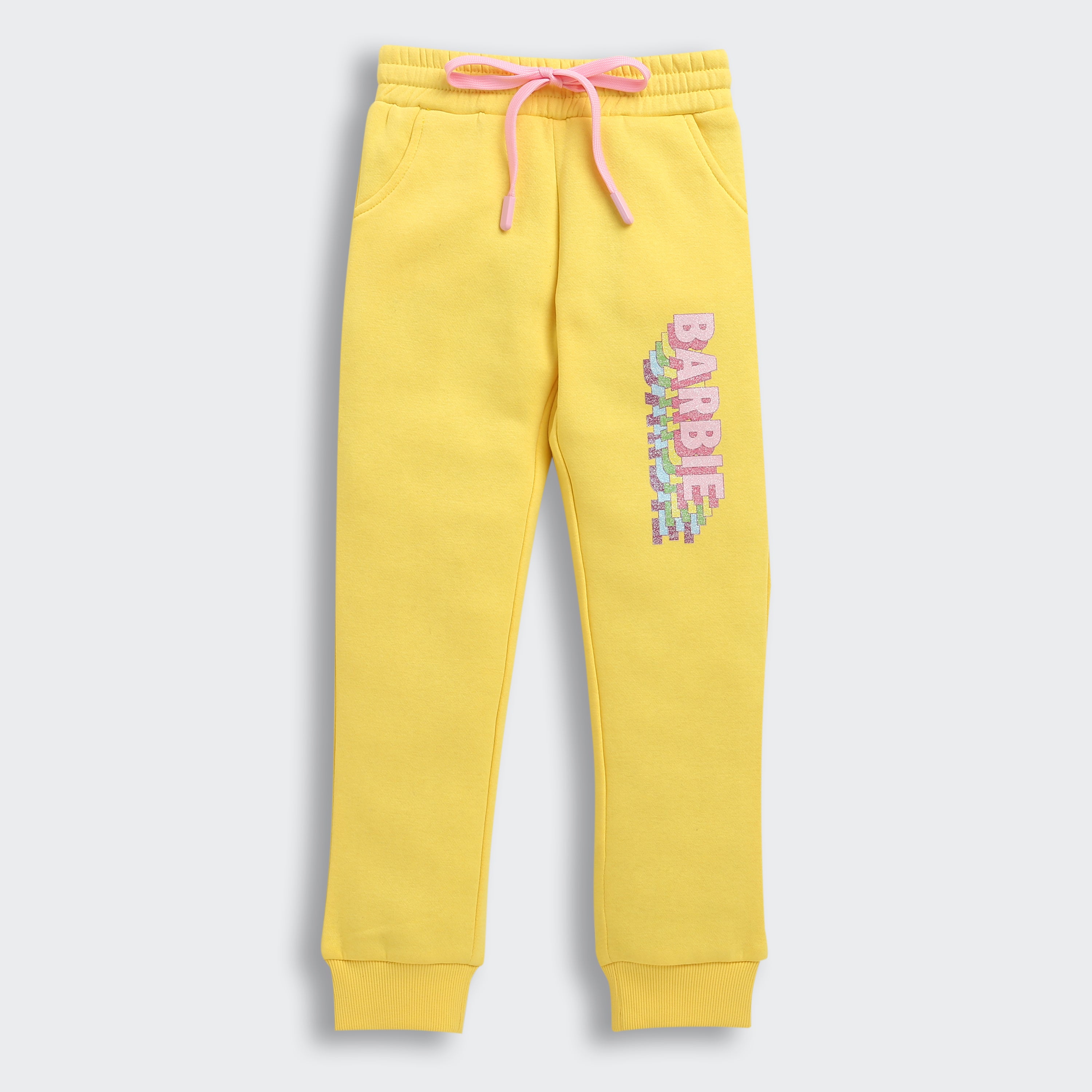 Barbie Yellow Track Pants for Girls | Vibrant Kids Joggers | Comfortable Cotton Lowers | Fashionable Children's Playwear | Buy Barbie Online India