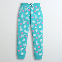 Girls Teal Printed Joggers | Fun Kids Track Pants with Pattern | Soft Cotton Lowers for Children | Stylish Playwear for Daughters | Casual Kids Trousers India