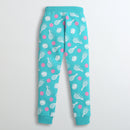 Girls Teal Printed Joggers | Fun Kids Track Pants with Pattern | Soft Cotton Lowers for Children | Stylish Playwear for Daughters | Casual Kids Trousers India