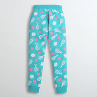 Girls Teal Printed Joggers | Fun Kids Track Pants with Pattern | Soft Cotton Lowers for Children | Stylish Playwear for Daughters | Casual Kids Trousers India