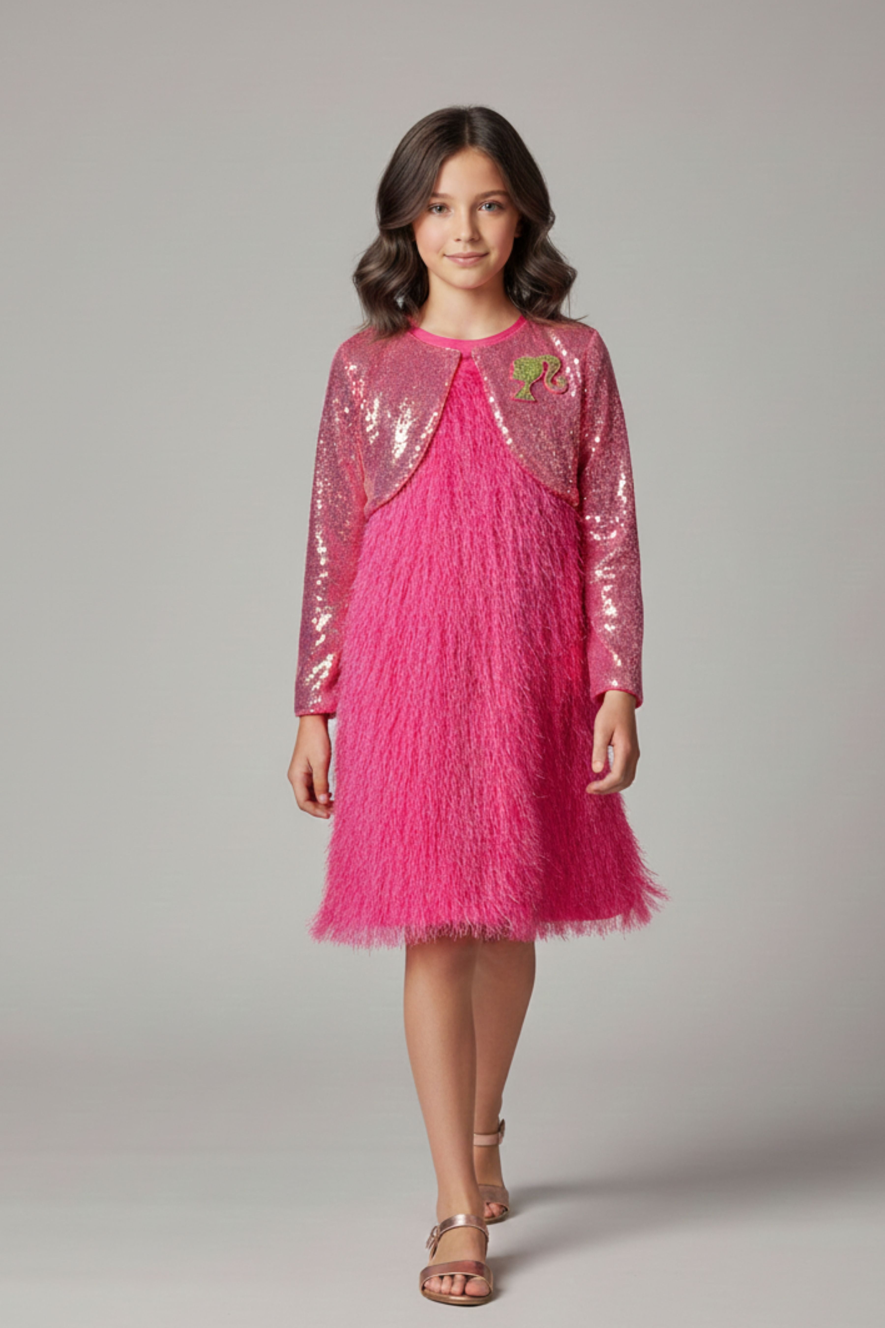 Barbie Girl Girls Party Dress Pink Solid Satin Winter Wear