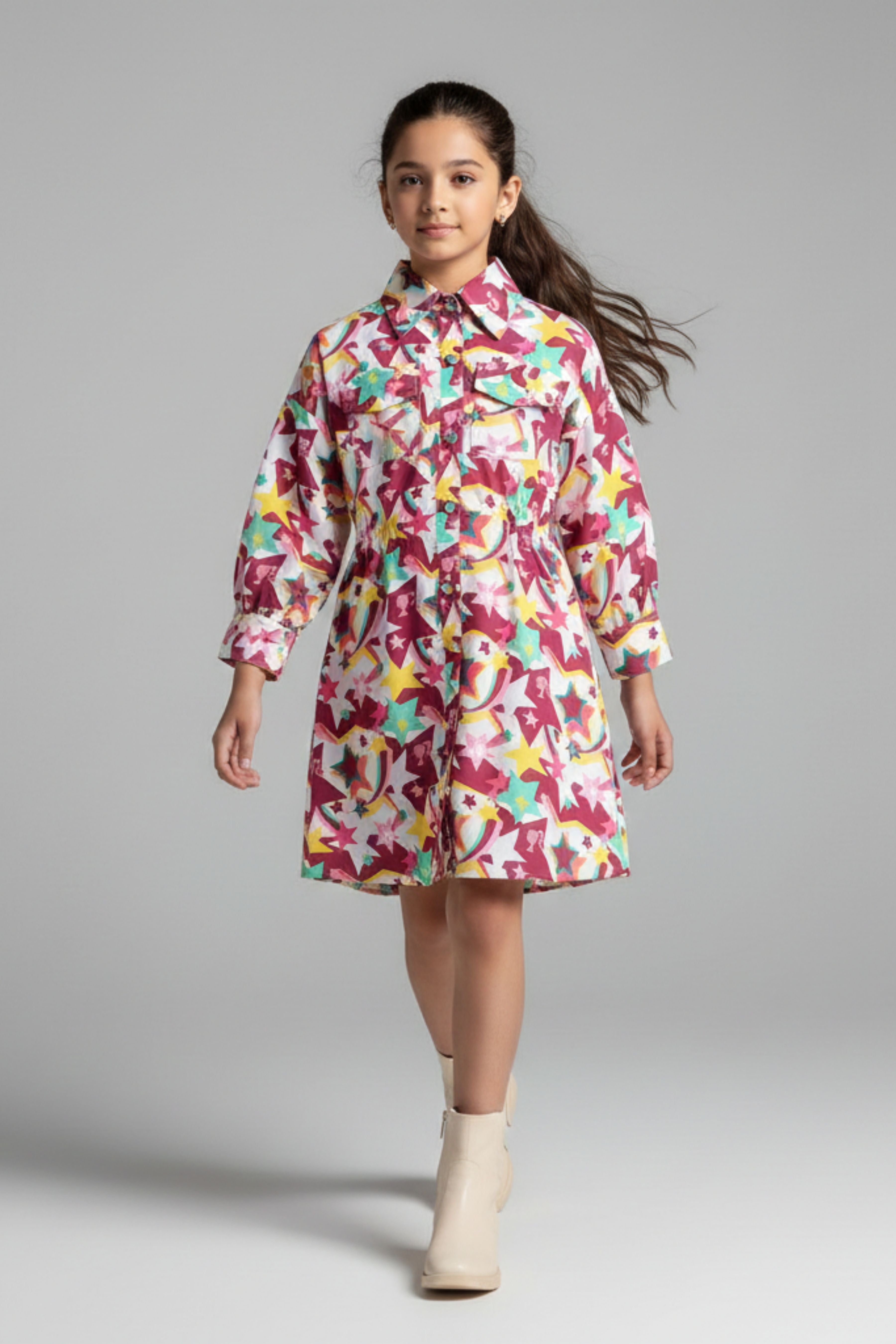 Barbie Girl Girls Dress Wine Printed Casual Cotton Winter Wear