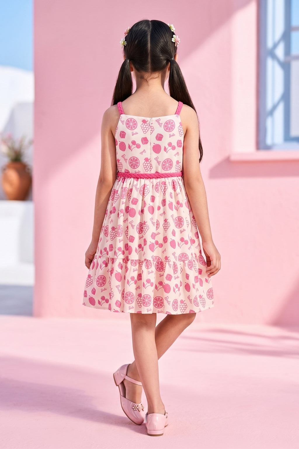 Barbie Hot Pink Sleeveless Fruits Printed Dress BAM1183