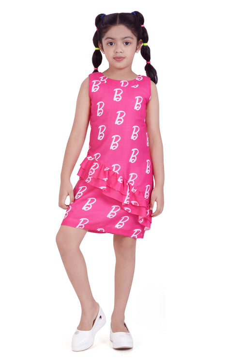 Barbie Pink Ruffle Hem Logo Print Dress BAM1192