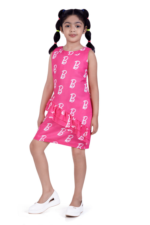 Barbie Pink Ruffle Hem Logo Print Dress BAM1192