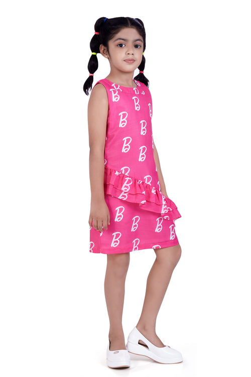 Barbie Pink Ruffle Hem Logo Print Dress BAM1192