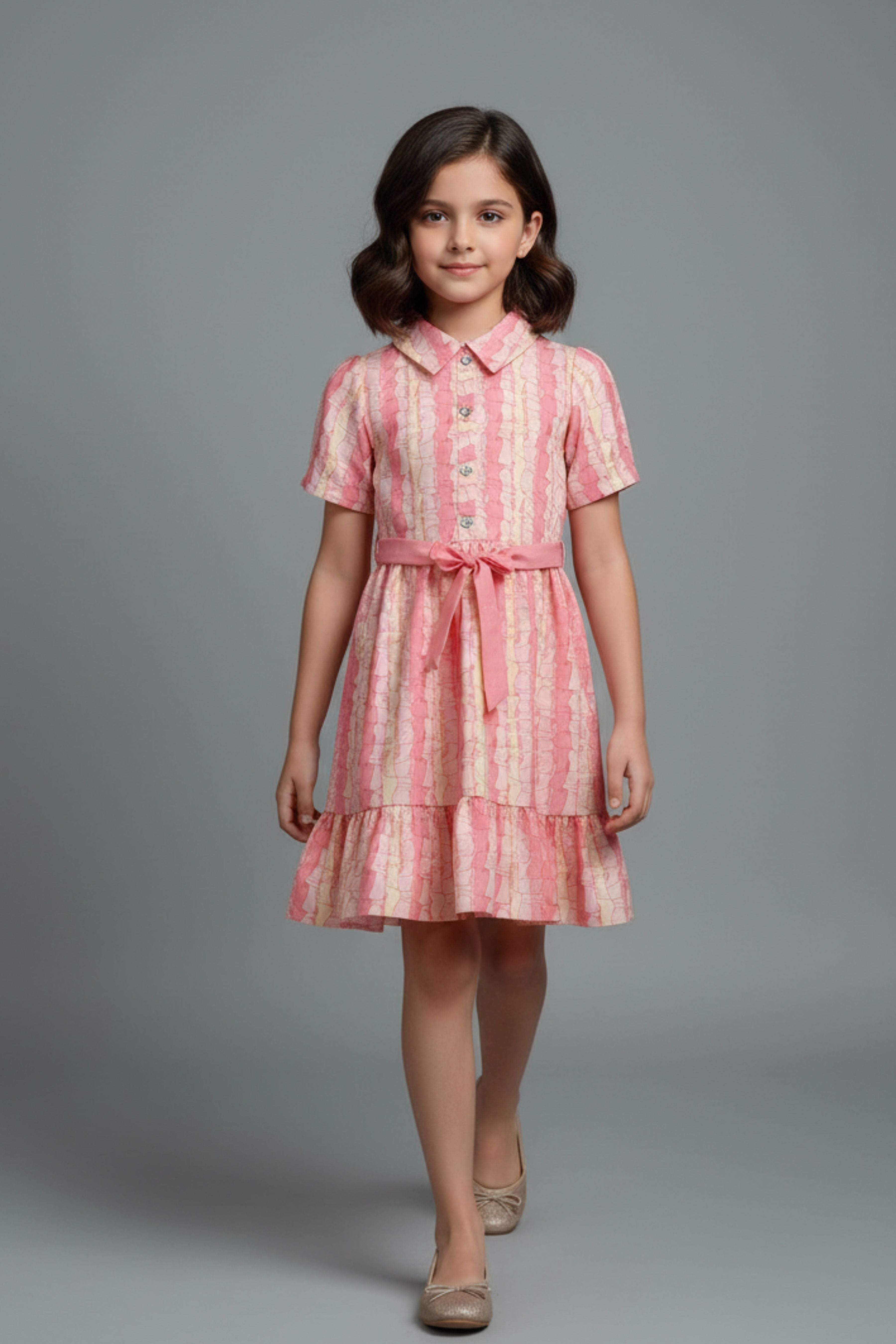 Barbie Peach Striped Collared Button-Down Dress | Girls Stylish Party Dress India | Toddler