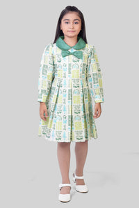 Barbie Off-White Printed Bow Collar Dress for Girls | Casual Kids wear