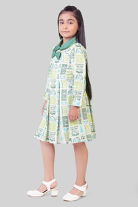 Barbie Off-White Printed Bow Collar Dress for Girls | Casual Kids wear