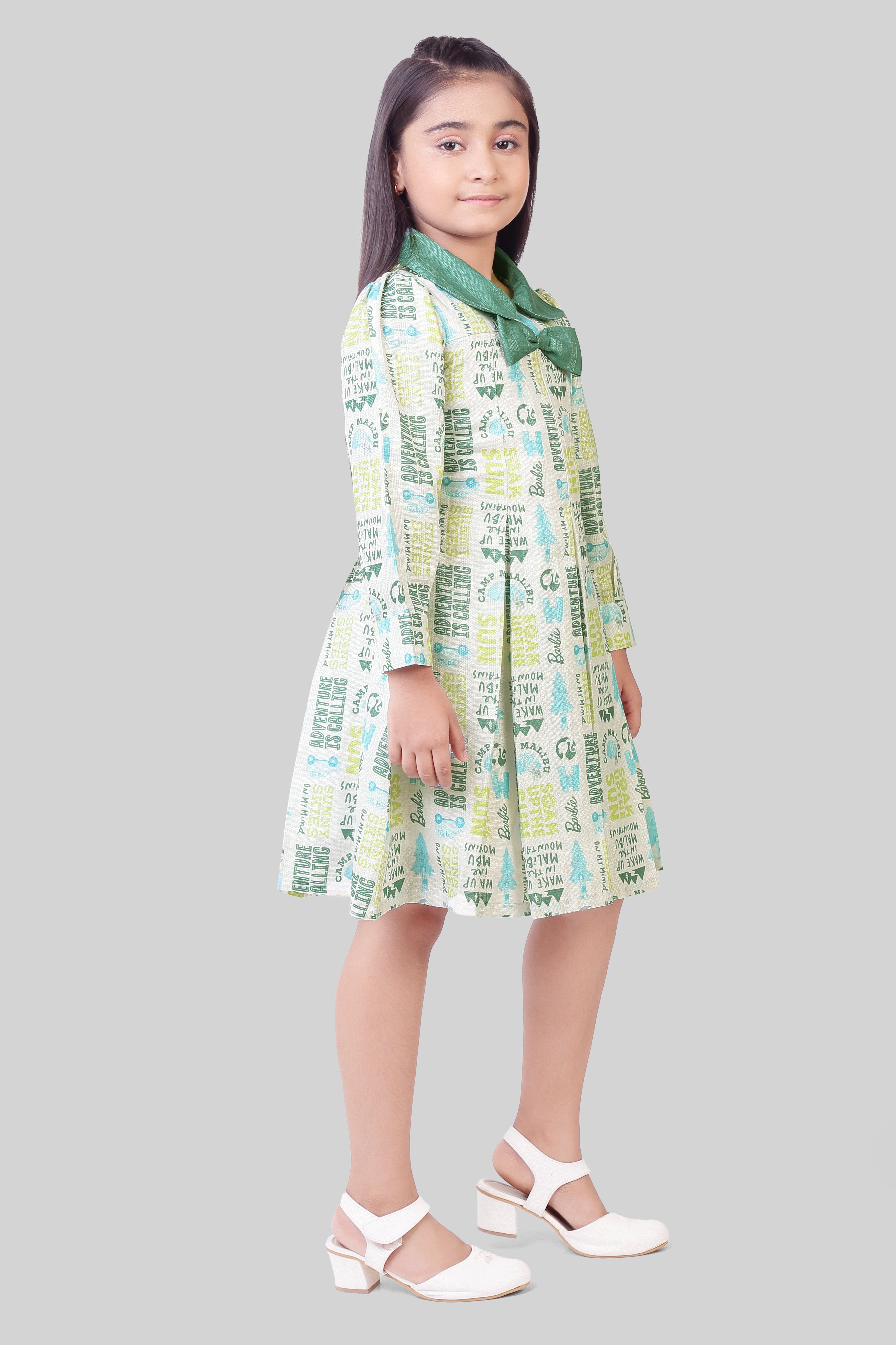 Barbie Off-White Printed Bow Collar Dress for Girls | Casual Kids wear