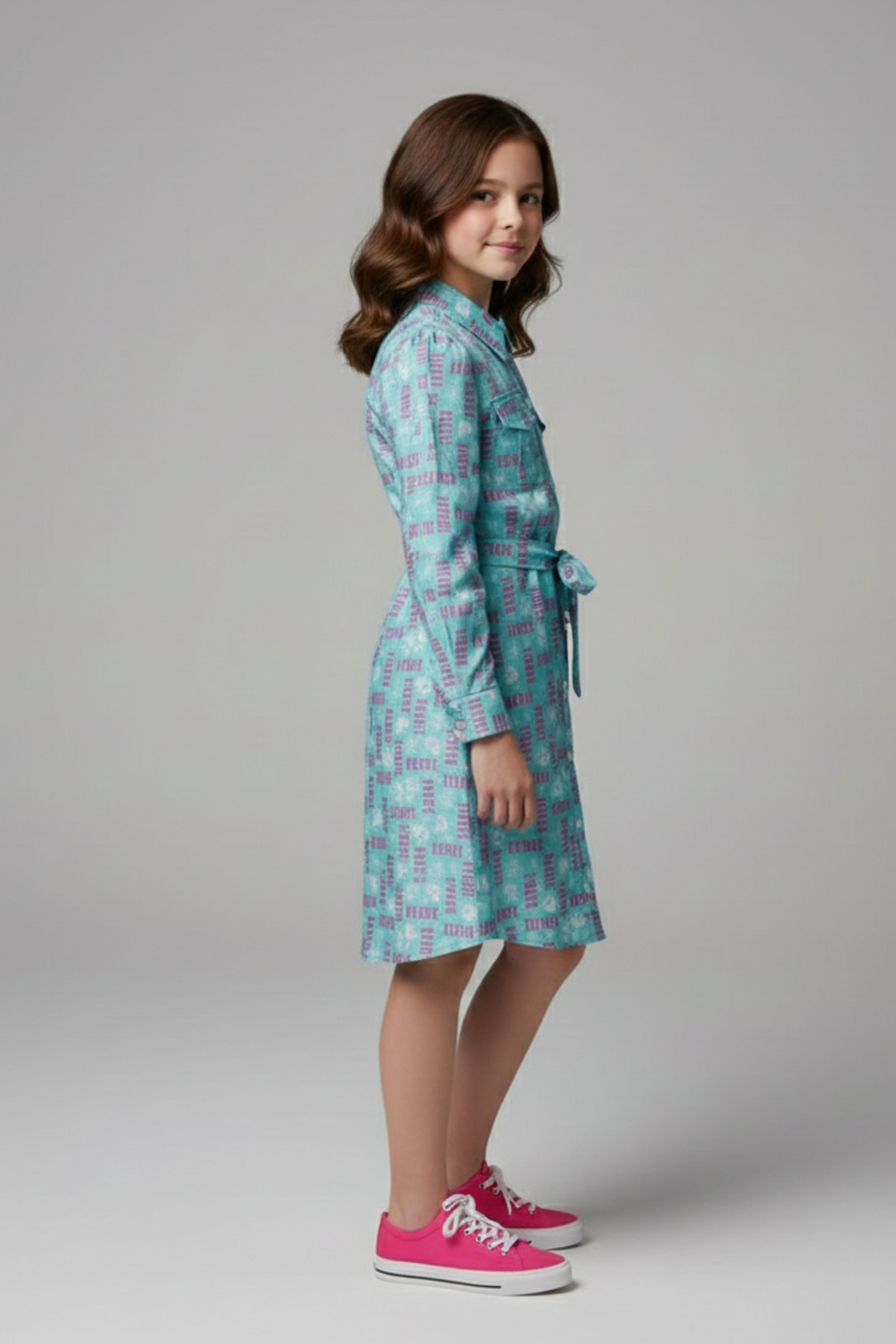 Barbie Girl Sea Green Printed Shirt Dress for Girls