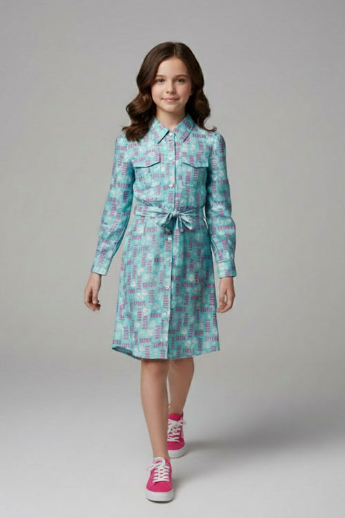 Barbie Girl Sea Green Printed Shirt Dress BAM1239