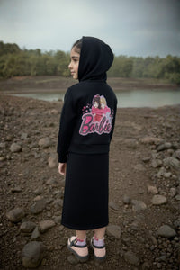 Barbie Girl Girls Dress Black Printed Cotton Winter Wear