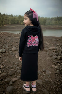 Barbie Girl Girls Dress Black Printed Cotton Winter Wear