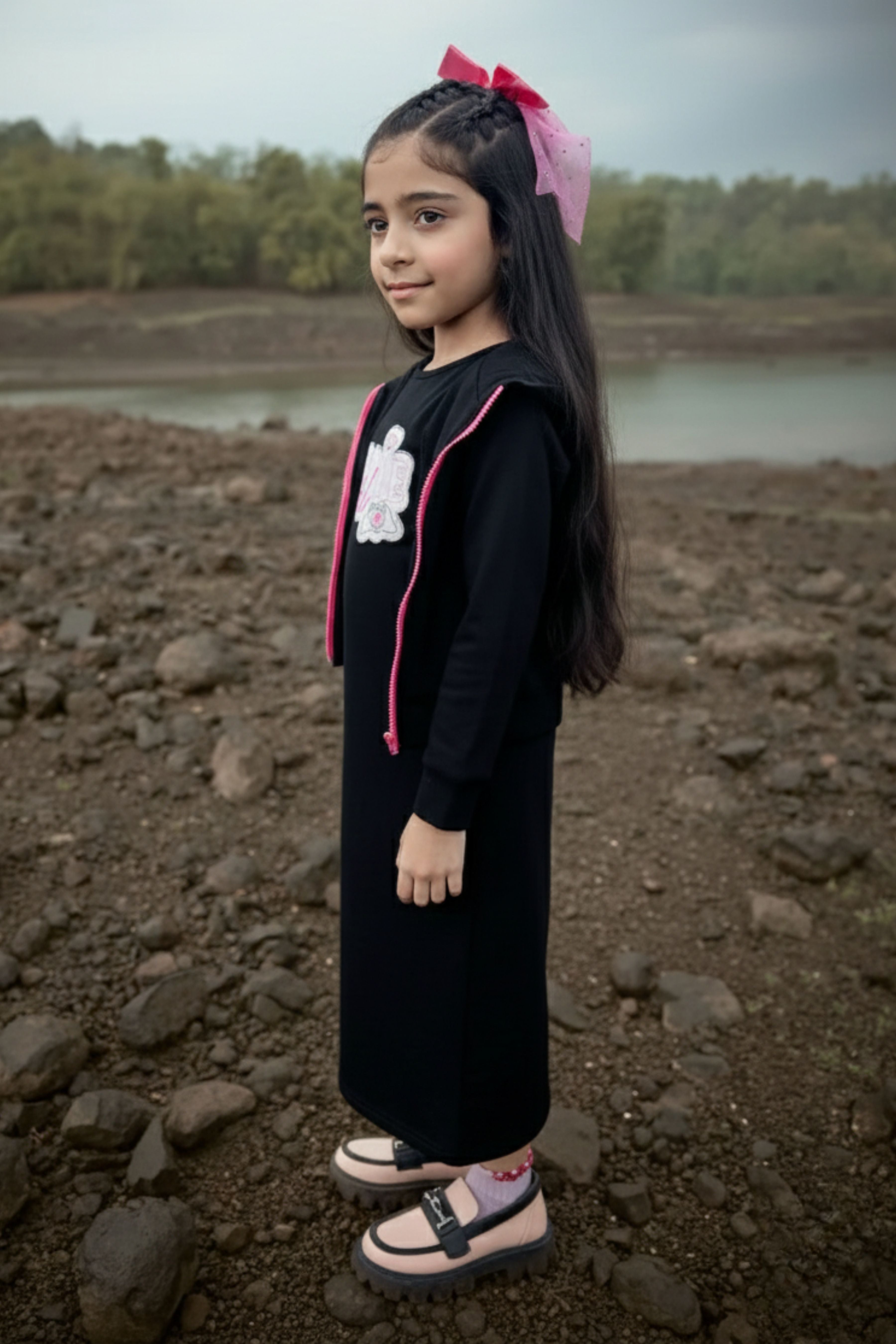 Barbie Girl Girls Dress Black Printed Cotton Winter Wear