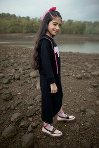 Barbie Girl Girls Dress Black Printed Cotton Winter Wear