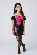 Barbie Girls Black Sequin Off-Shoulder Dress with Pink Bow BAM1245