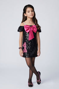 Barbie Girls Black Sequin Off-Shoulder Dress with Pink Bow BAM1245