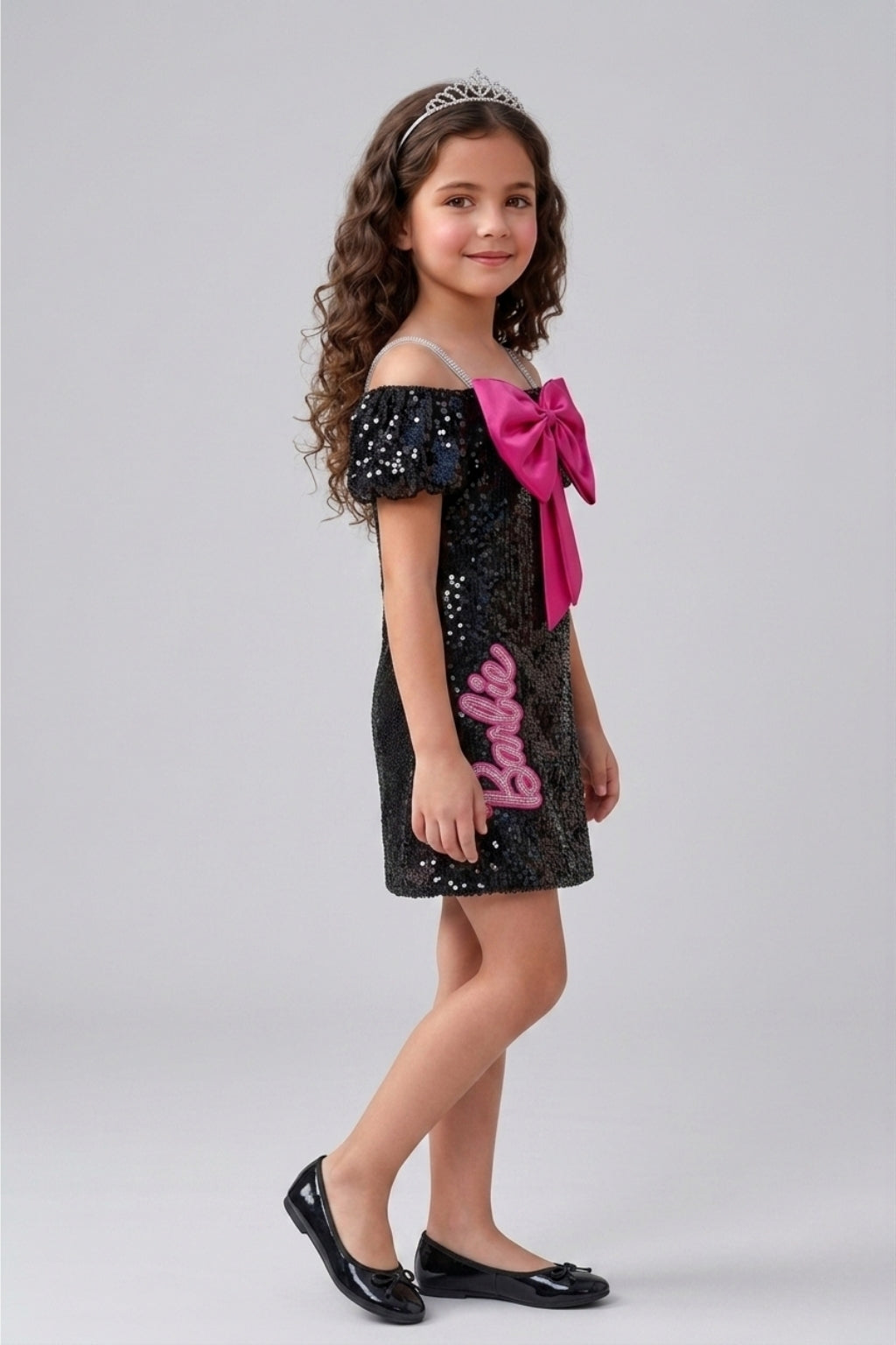 Barbie Girls Black Sequin Off-Shoulder Dress with Pink Bow BAM1245