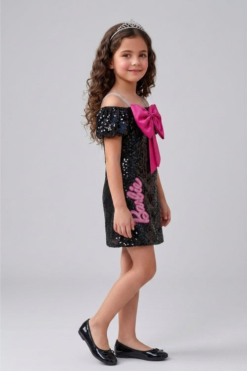 Barbie Girls Black Sequin Off-Shoulder Dress with Pink Bow BAM1245